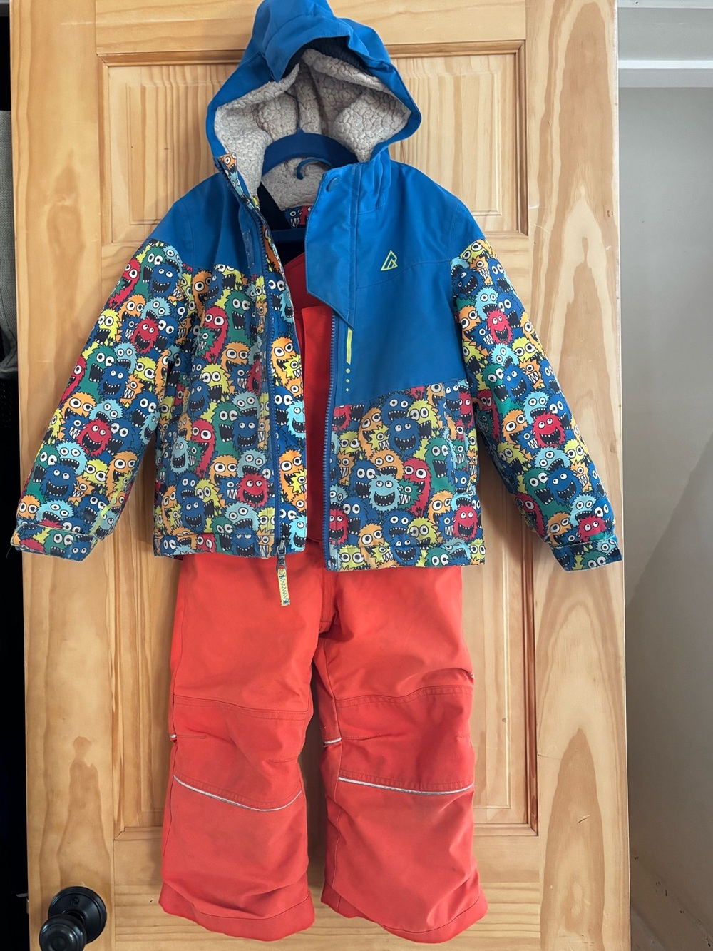 Kids Blue Monster Print Ripzone Winter Jacket with orange Snow Pants